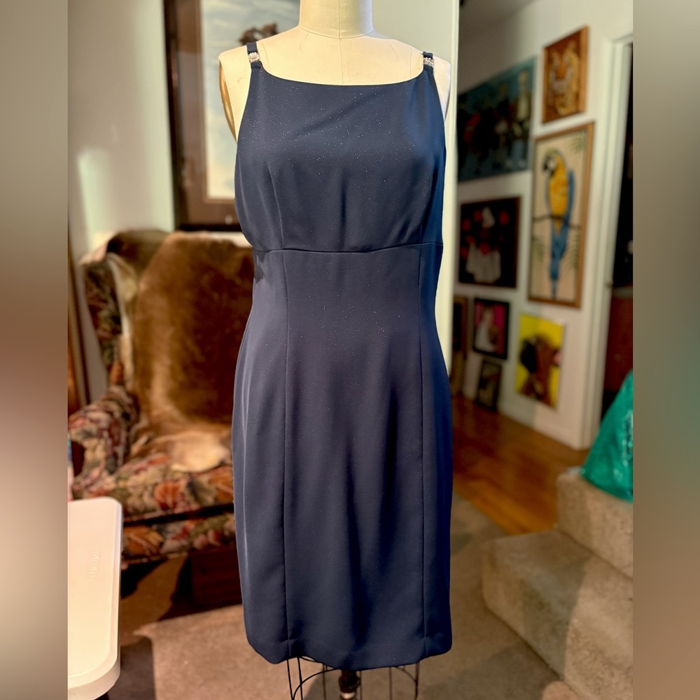 Vintage YL by Yair Navy Blue Sheath Dress with Rhinestone Strap Detail